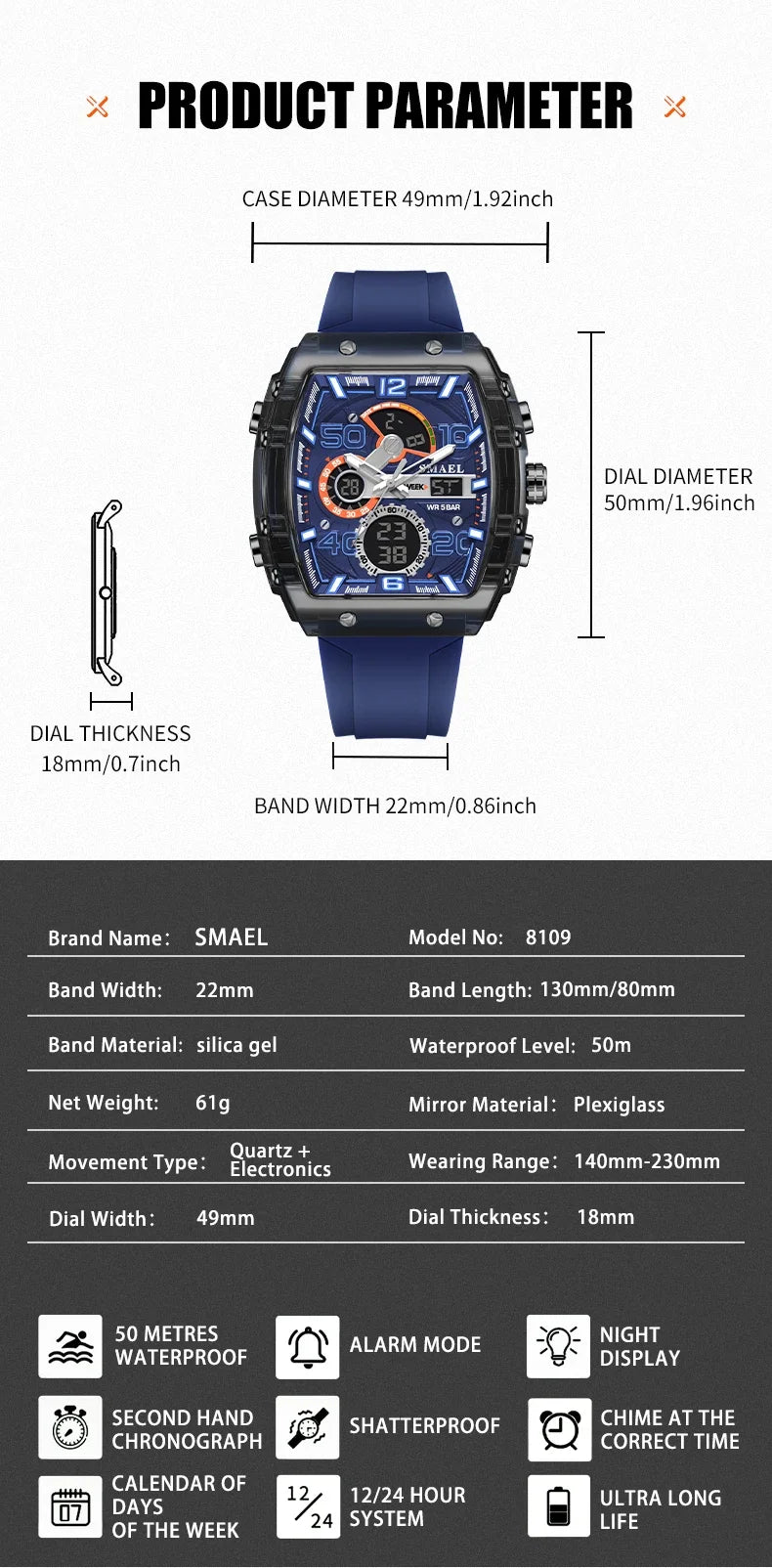 SMAEL 8109 nuevo reloj para hombre, deportivo multifuncional, resistente al agua hasta 50M, pantalla Dual, luz LED nocturna, reloj electrónico para estudiantes de ocio