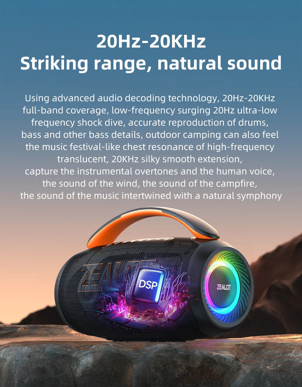 Altavoz Zealot-P12 Altavoz Bluetooth portátil de 60 W con IPX6 resistente al agua, mango cómodo, iluminación controlable, TF, USB