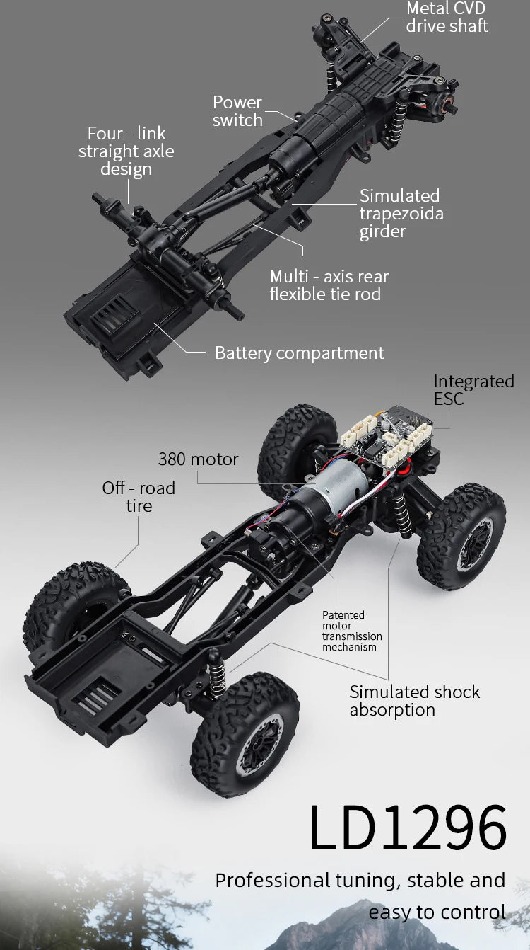 Auto RC Todoterreno LDRC LD1296 1/12 con Caja de Cambios Metálica y LED