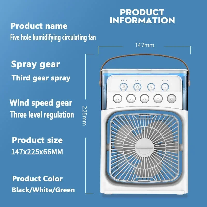 Ventilador 3 en 1 con Humidificador, Luz LED y Enfriamiento de Aire