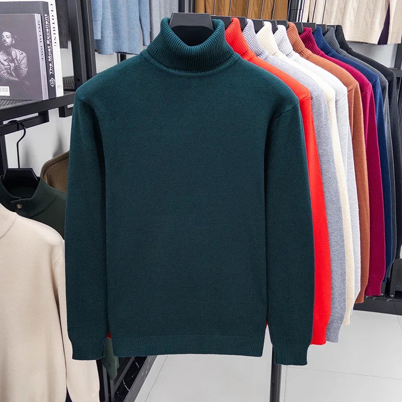 Otoño para hombre de alta calidad de punto suéter de cuello alto ajustado de manga larga anti-pilling jersey Color sólido tendencia hombres Streetwea