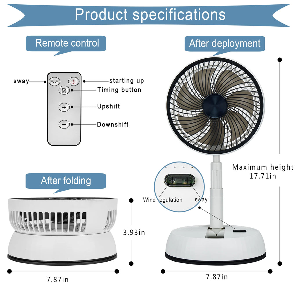 Ventilador plegable telescópico, ventilador de escritorio con Control remoto, ventilador de suelo, recargable, portátil, USB, de 8 pulgadas, para acampar