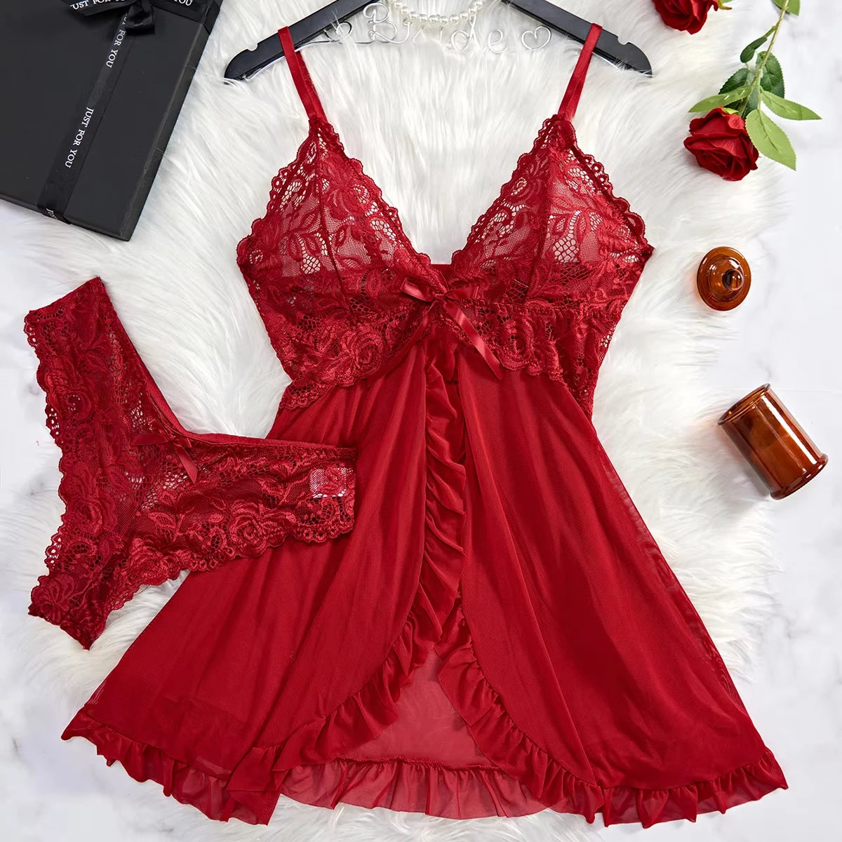 Conjunto de 2 Piezas de Camisón de Encaje para Mujer, Ropa de Dormir Elegante, Nuevo Pijama Verde Nocturno, Camisón Transparente con Abertura, Conjunto de Brasier y Panty con Cuello en V