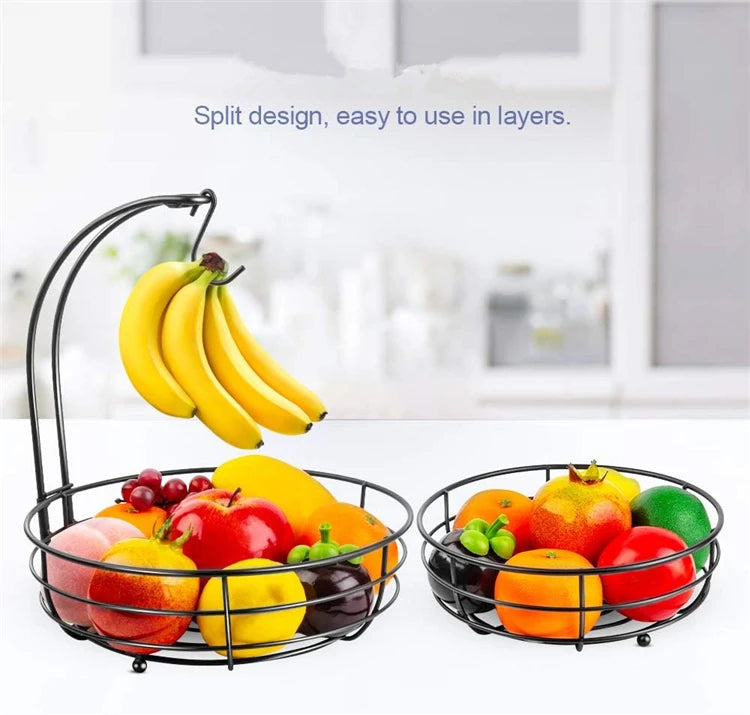 LMETJMA-cesta de frutas para encimera de 2 niveles, cuenco con colgador de plátano, soporte de frutas de alambre de Metal para cocina, organizador de almacenamiento JT312