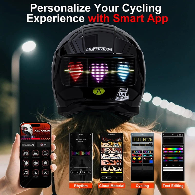 Cascos de Motocicleta SLSHINING con Pantalla LED, Luz Trasera Recargable con Control por Aplicación, para Hombres y Mujeres