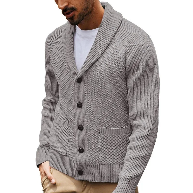 2025 Jersey nuevo de punto para hombre, cárdigan de manga larga con cuello abotonado y bolsillo, suéter informal de invierno para hombre