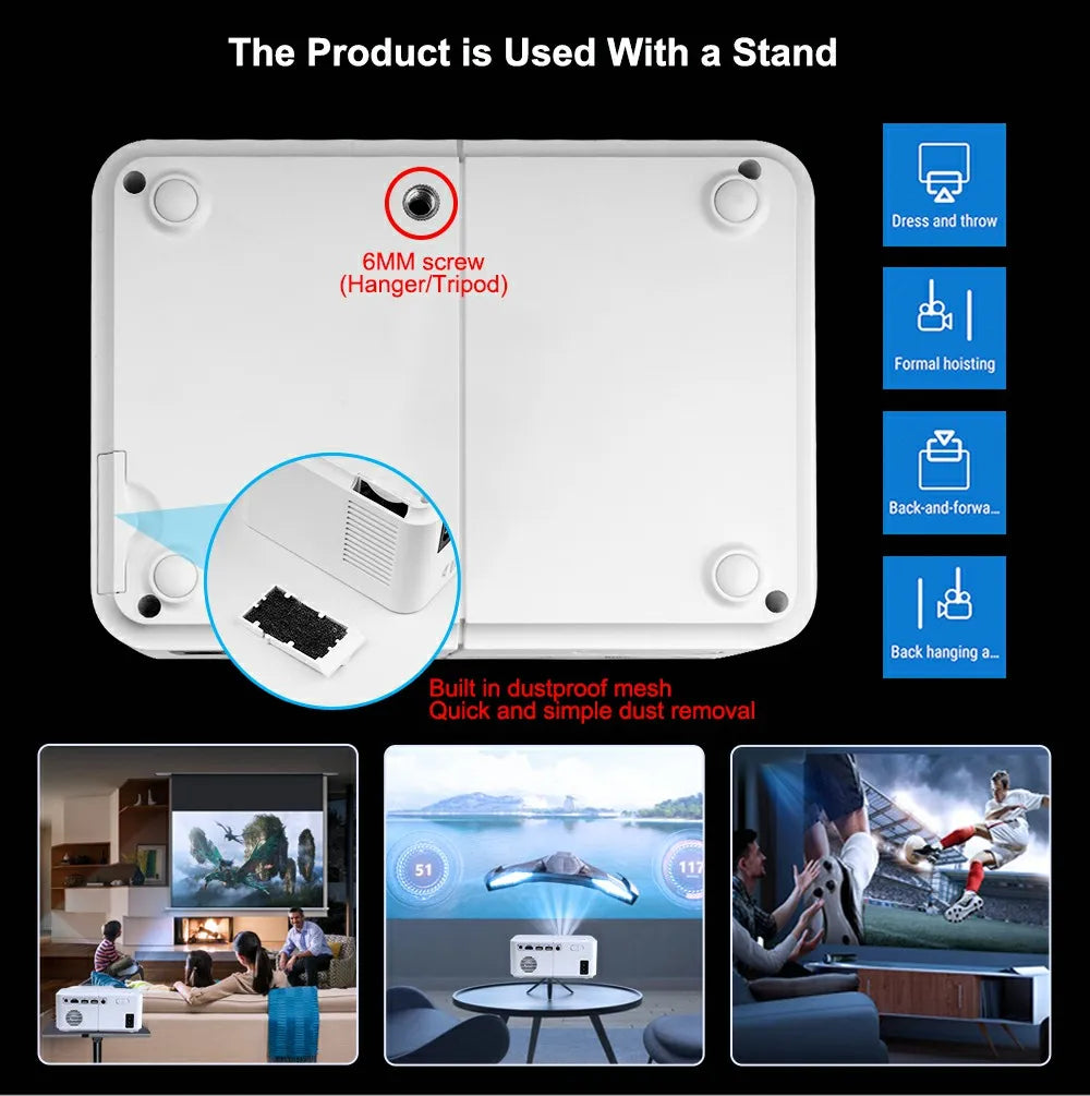 Proyector LED Full HD 1080P 4K HD300 WIFI 450 ANSI Mini Portátil para Cine en Casa, Dormitorio, Multimedia, Proyector Inteligente