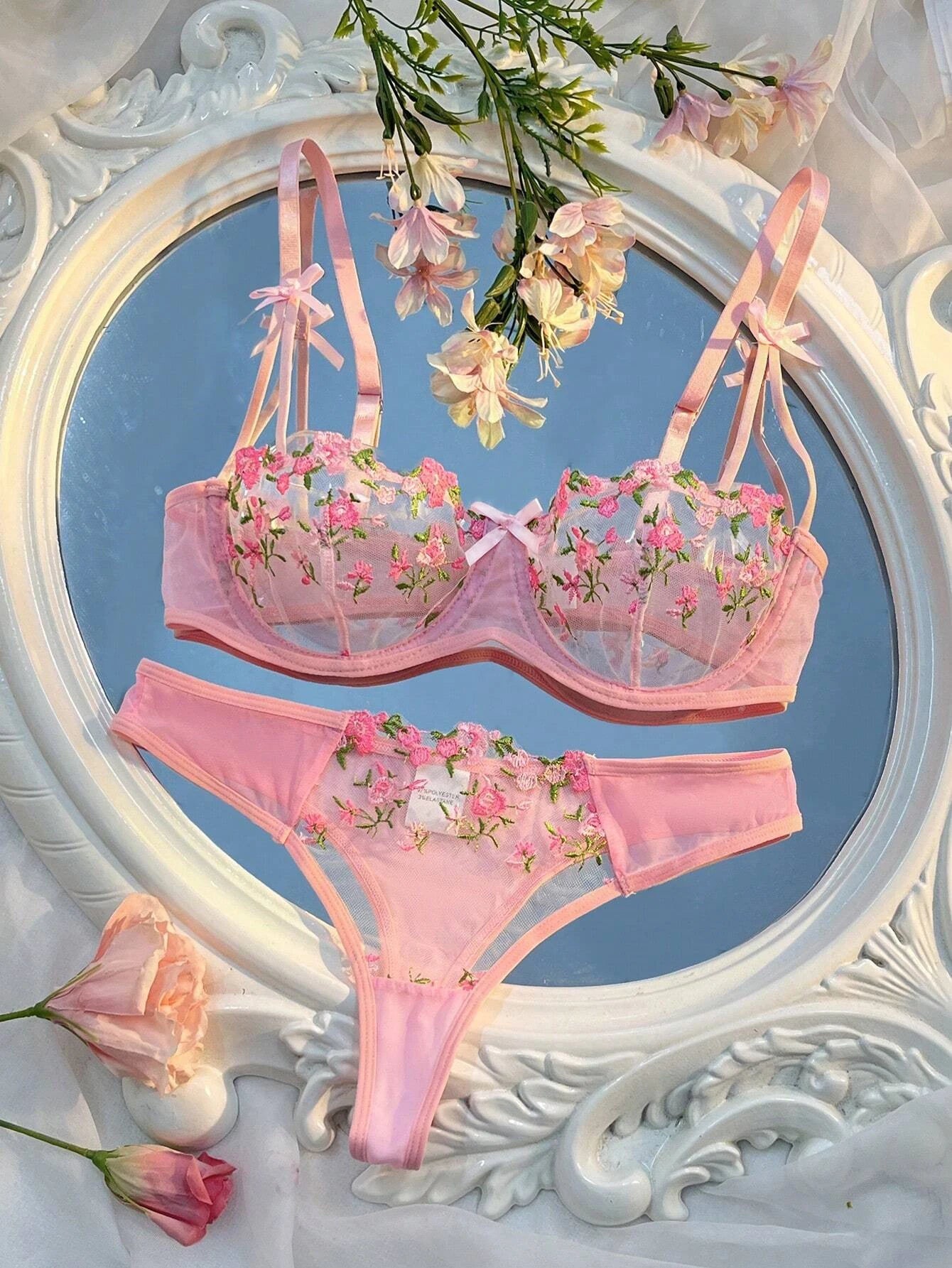 Conjunto de Sujetador y Braguitas con Bordado Floral para Mujer
