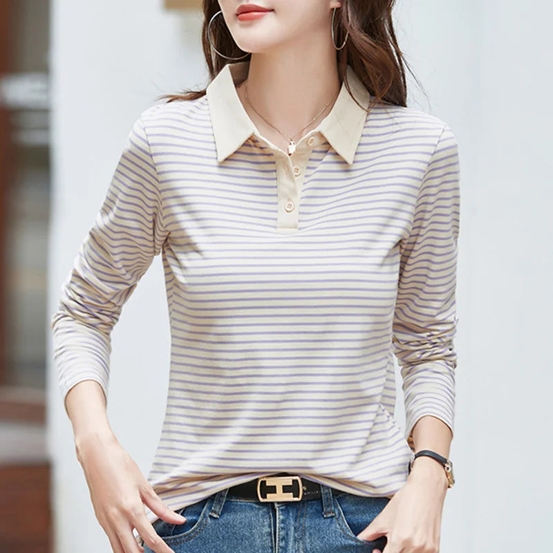 Polo de Manga Larga a Rayas de Estilo Coreano