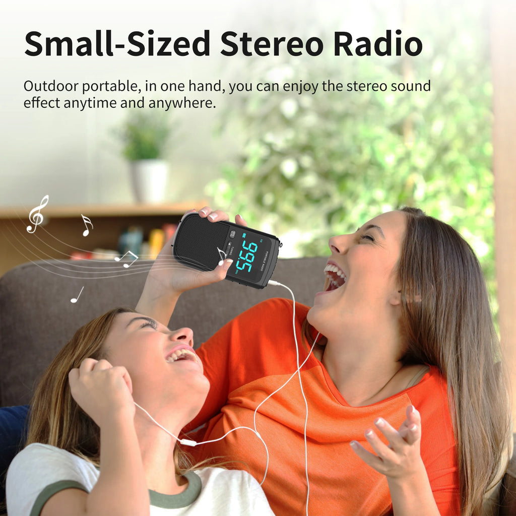 Mini Radio portátil AM/FM recargable con altavoz estéreo y despertador