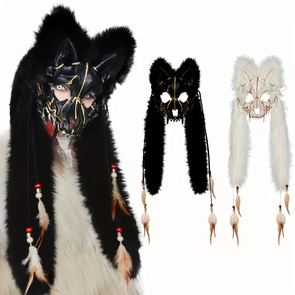 Máscara de lobo peludo, máscara de zorro de piel vikinga, tocado de Wendigo, disfraz de hombre lobo de Halloween, Cosplay Medieval bárbaro, Guerrero renacentista