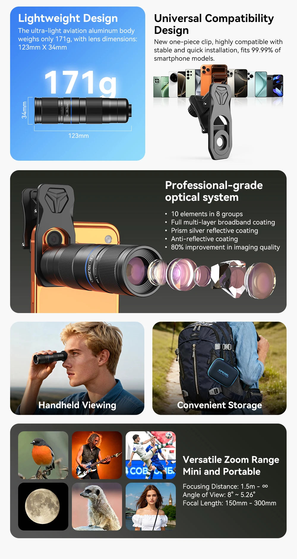 Lente Zoom Telescopio HD 5x-10x APEXEL para Smartphones