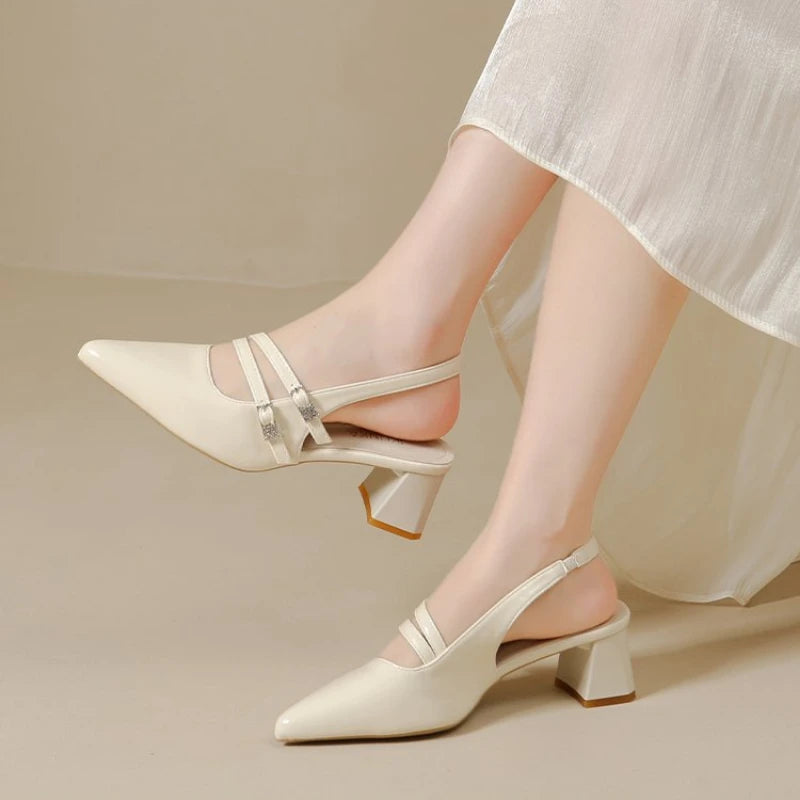 Zapatos de Tacón Ancho con Punta en Pico y Tira Trasera para Mujer, Estilo Francés Chic, Minimalistas, para Oficina, Vestir, Sandalias Casuales con Hebilla para Fiesta