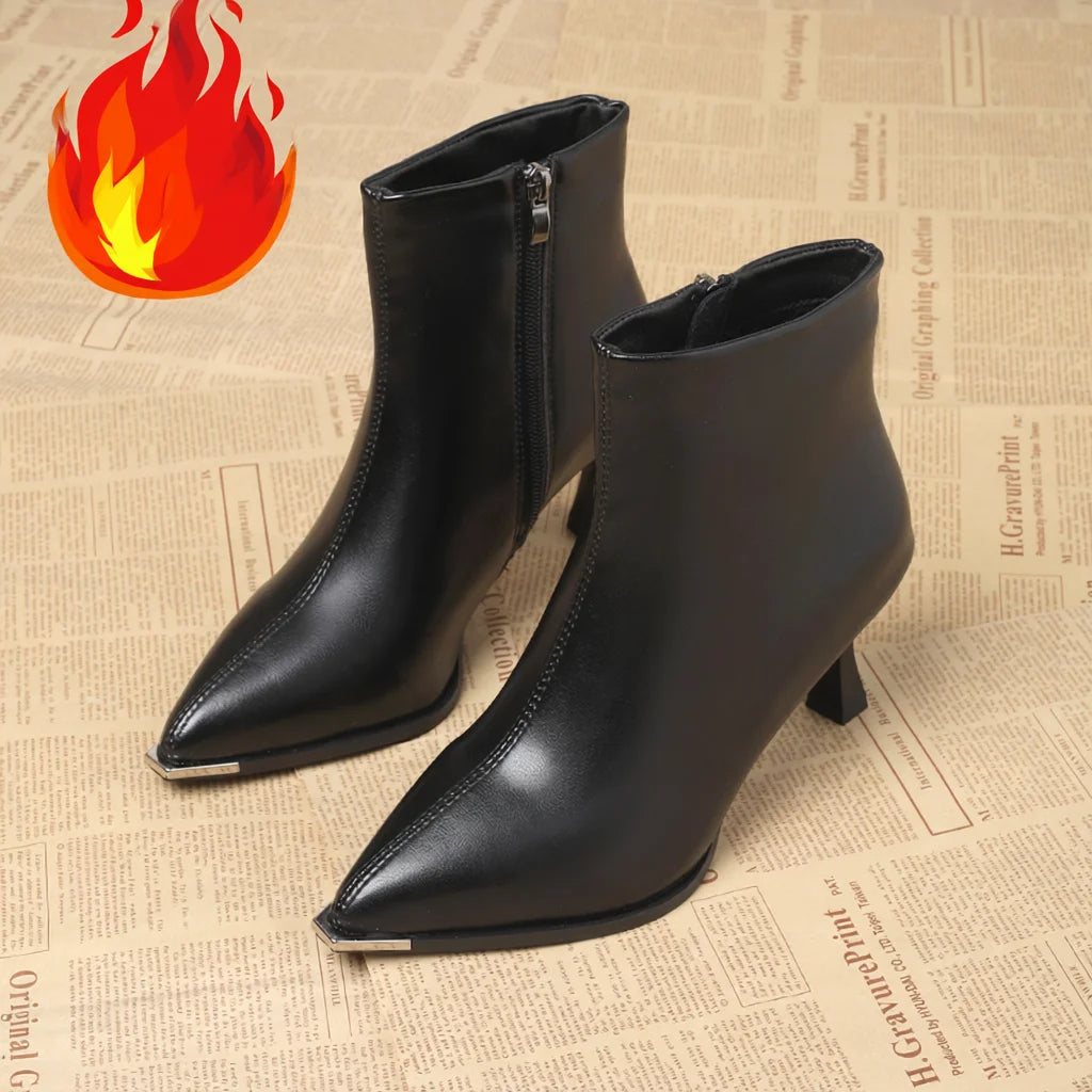 Botines de Cuero con Tacón Alto y Punta Estrecha para Mujer