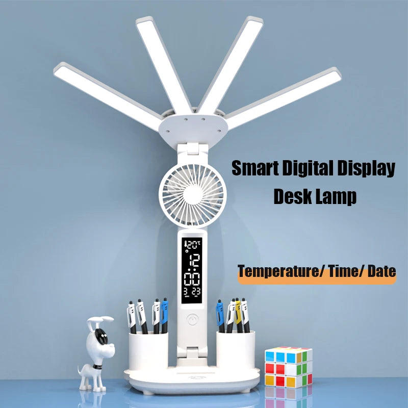 Lámpara de escritorio multifuncional 3 en 1, lámpara LED de escritorio plegable de cuatro cabezales con ventilador, calendario, reloj, lámpara de escritorio de oficina de lectura recargable por USB