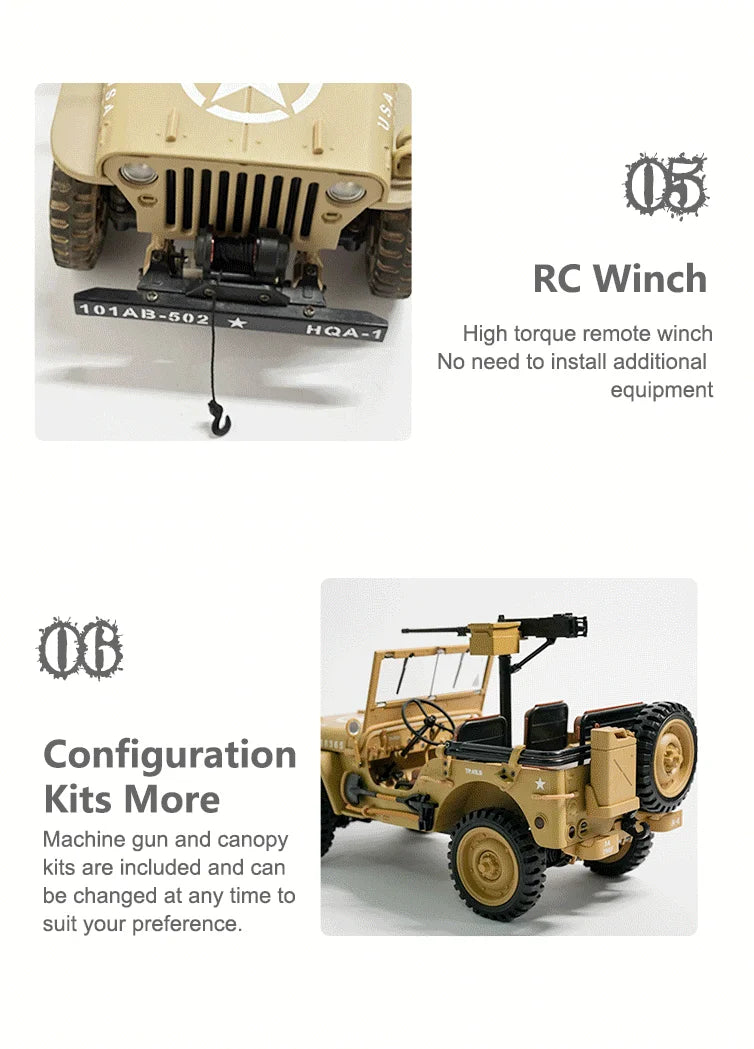 Jeep Willys RC 1/14 Militar con Cabrestante 4WD