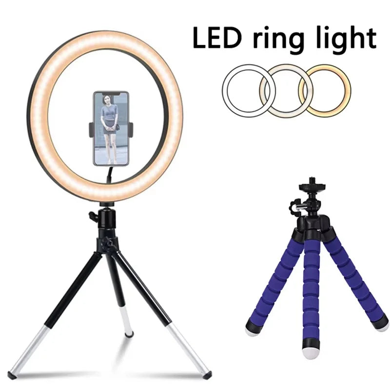 Luz de vídeo para Selfie, anillo de luz LED para Selfie, lámpara de relleno de anillo redondo regulable con trípodes de soporte para iluminación de cámara en vivo de vídeo de teléfono