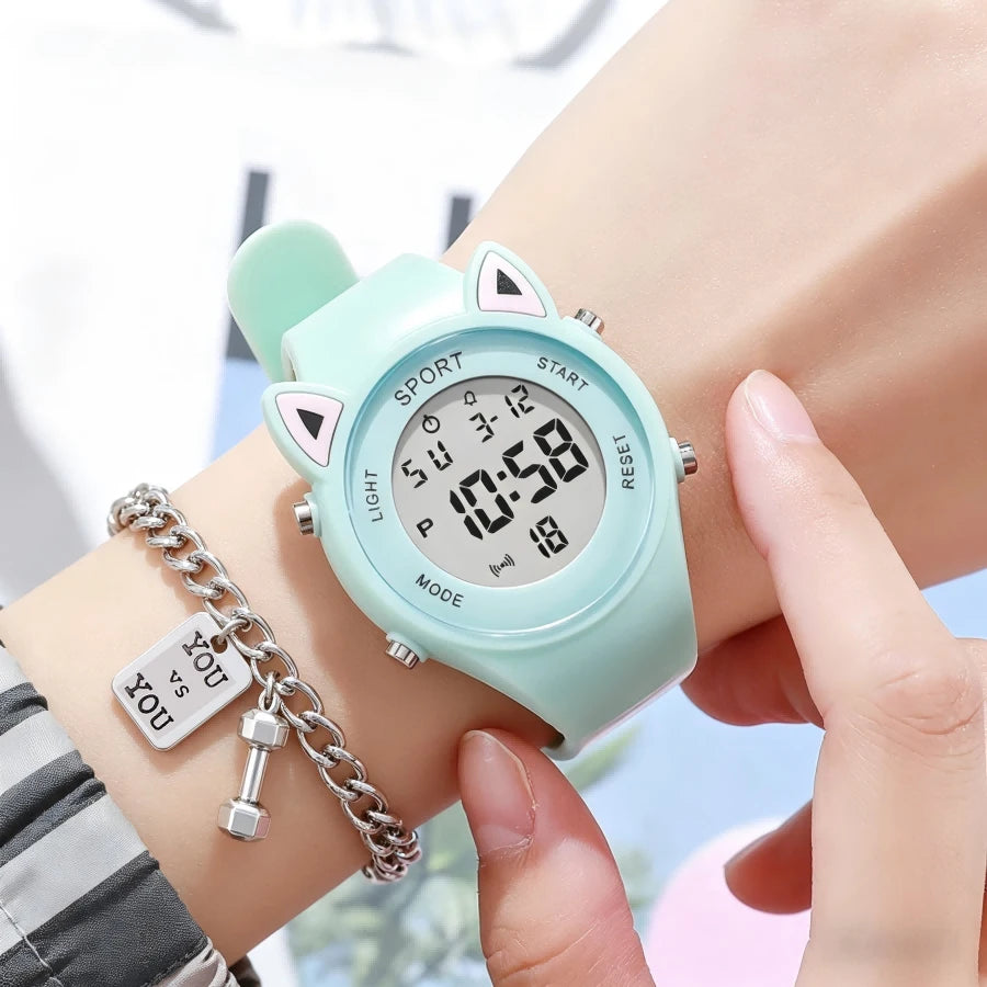 Reloj infantil con orejas de gato y pulsera, reloj digital impermeable, reloj deportivo electrónico LED para niñas, niños, estudiantes, regalo para niños