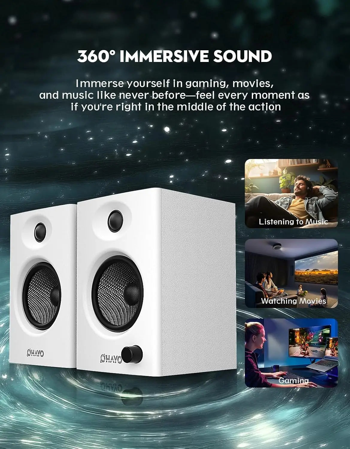 OHAYO Altavoces de Estantería Activos de 60W con Unidad de Fibra de Vidrio, Bluetooth 5.3 y Múltiples Entradas (USB/RCA/AUX) - para Juegos de PC Inmersivos