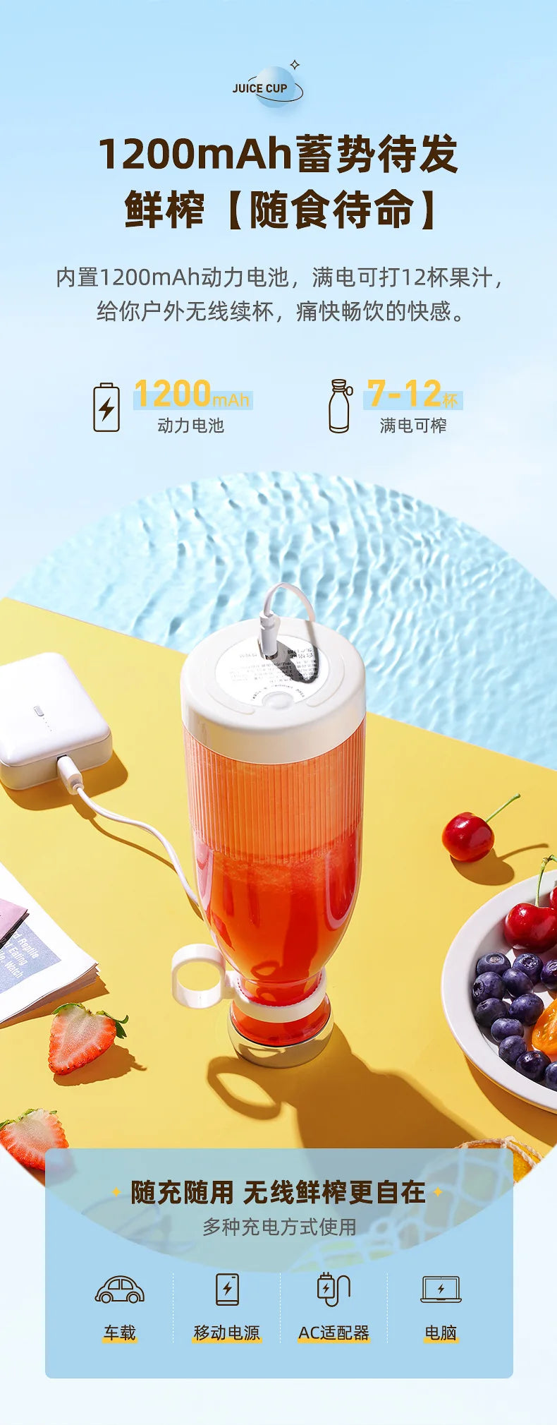 Mini Licuadora Portátil USB con 4 Cuchillas para Jugos y Batidos