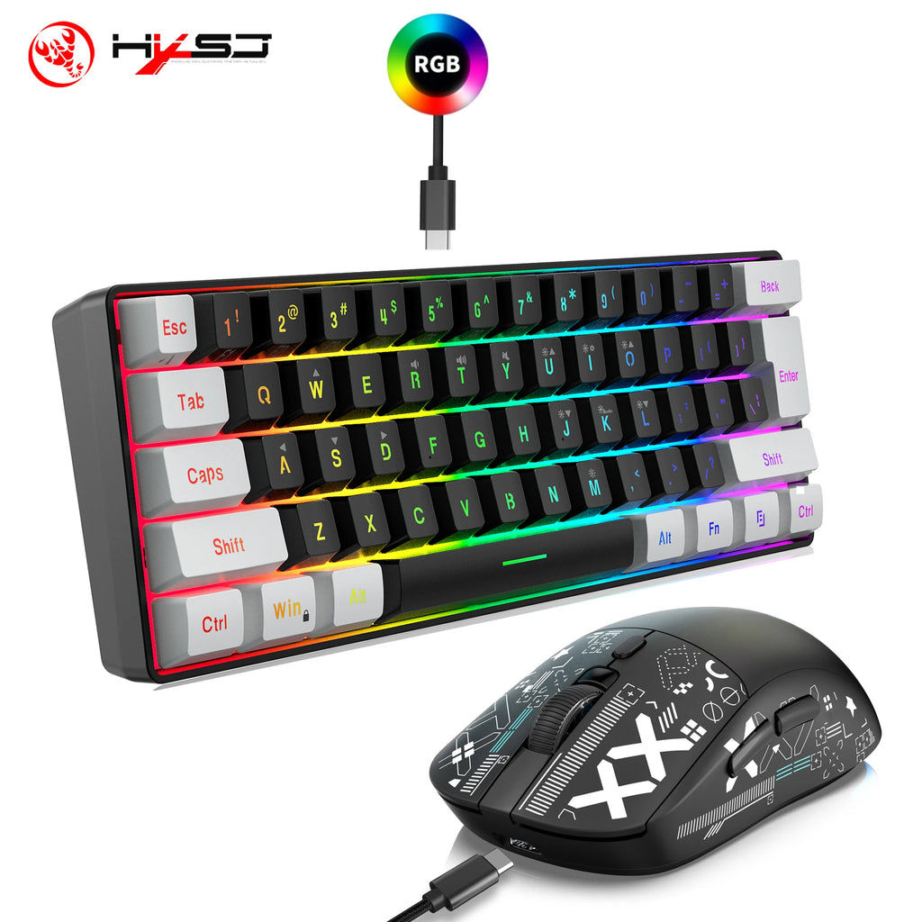 HXSJ-60% Juego de teclado y ratón retroiluminado RGB, teclado con cable de 61 teclas, ratón inalámbrico óptico para juegos de 3 modos para ordenador portátil y PC