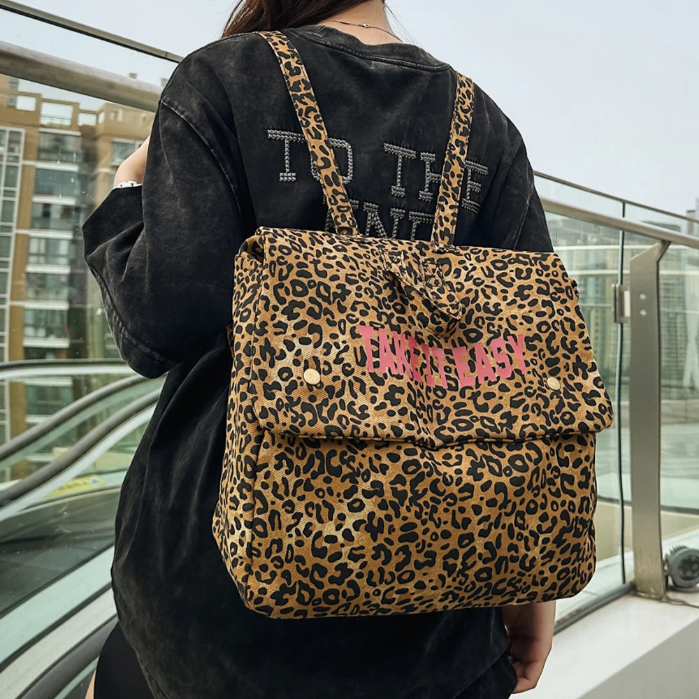 Mochila de Lona Estampado Leopardo Estilo Coreano 2025
