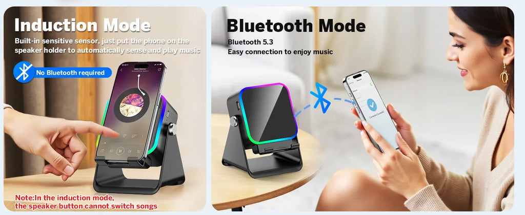 NUEVO Altavoz Inalámbrico de Inducción Automática 5 en 1 con 8 Modos de Luz RGB, Soporte para Teléfono, Sonido Envolvente, Soporte Portátil para Teléfono con Bluetooth