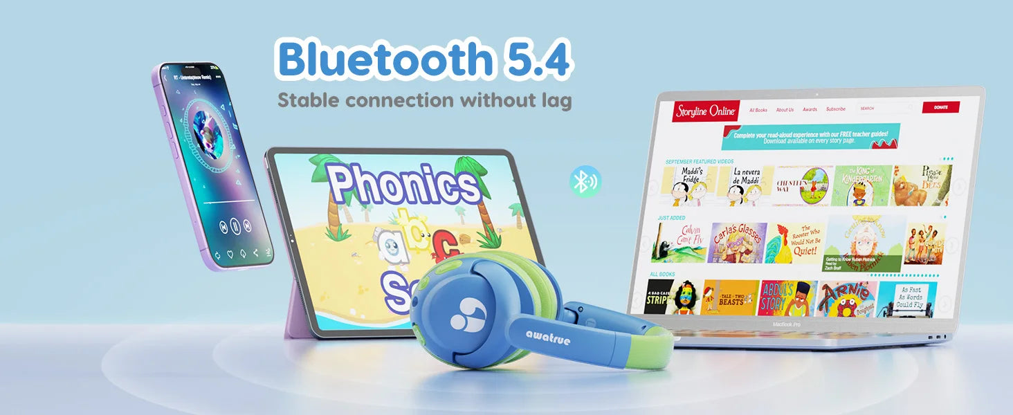 Awatrue-auriculares Bluetooth 5,4 para niños, cascos supraaurales inalámbricos ligeros con volumen seguro de 85dBA para IPad/reproductor YOTO/tableta/escuela