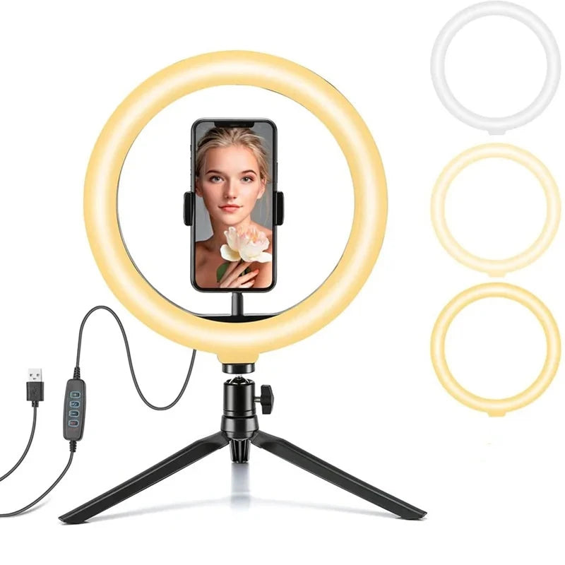 Anillo de luz LED para Selfie de 26cm, luz para fotografía y vídeo, 12 pulgadas, soporte para teléfono, trípode, luz de relleno, lámpara regulable, transmisión Trepied