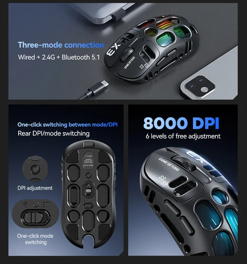 Mouse Gamer Lenovo X3 Triple Modo, RGB, Bluetooth, USB-C, Recargable