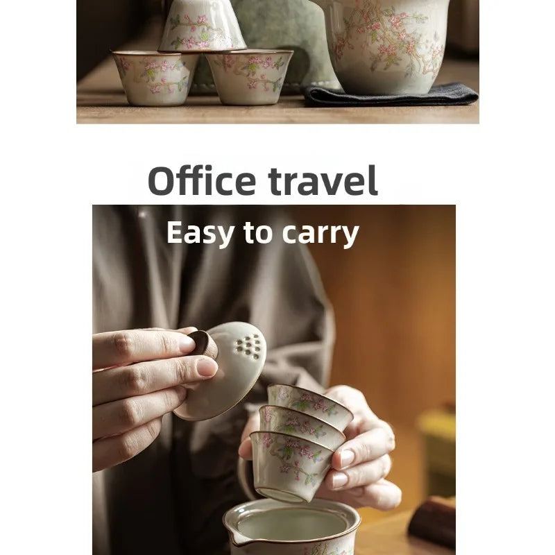Set de tetera de viaje con tres tazas de cerámica y bolsa de almacenamiento para camping