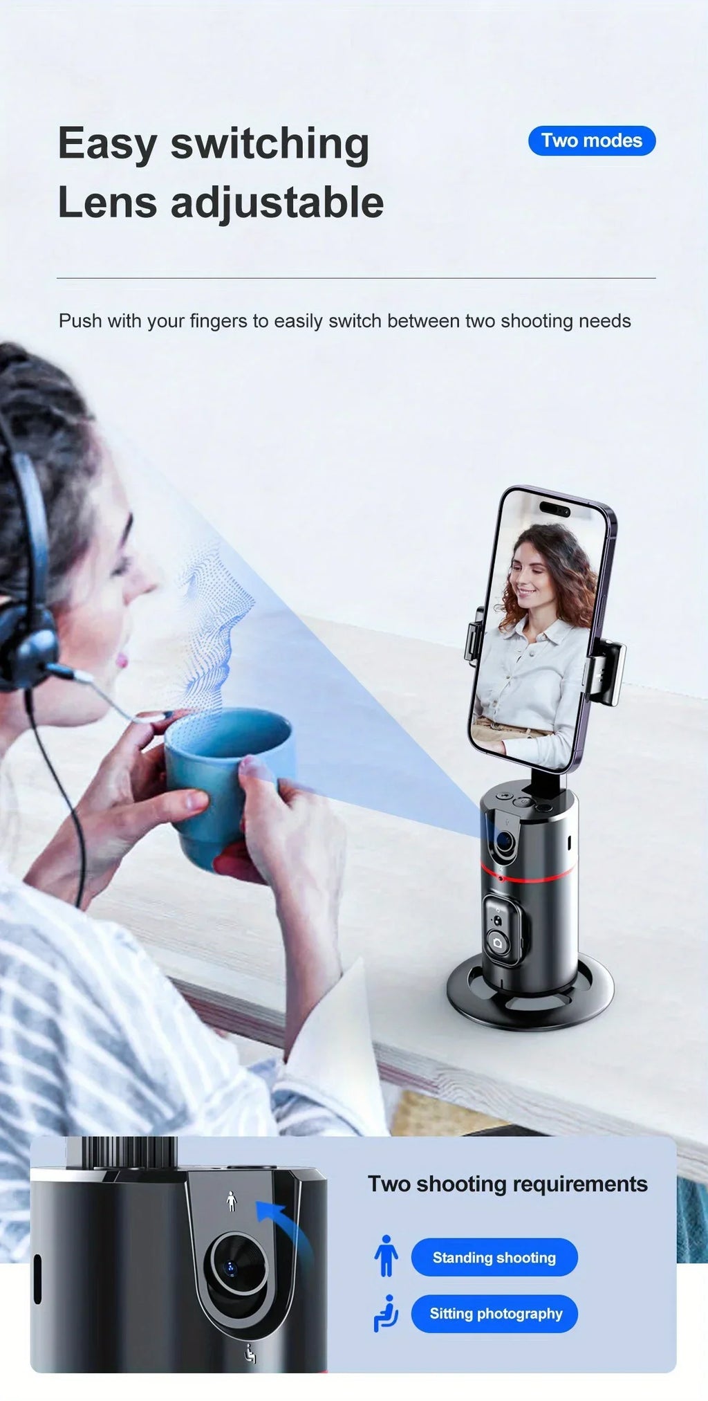 Soporte para Teléfono de Escritorio P02 con Seguimiento Facial 360 °   Gimbal Giratorio Automático para iPhone 16 15 Samsung S23 Xiaomi, Palo Selfie de Mano