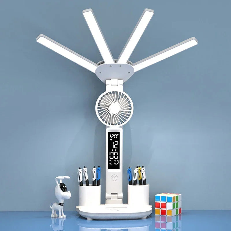 Lámpara de Mesa LED Plegable 3 Colores con Ventilador Reloj y Carga USB