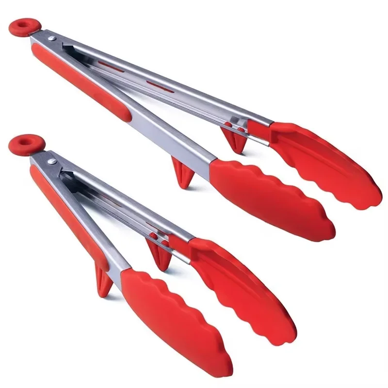 Pinzas de cocina LMETJMA, pinzas para barbacoa de acero inoxidable resistentes al calor con puntas de silicona y diseño de soporte para parrilla de ensalada KC0254