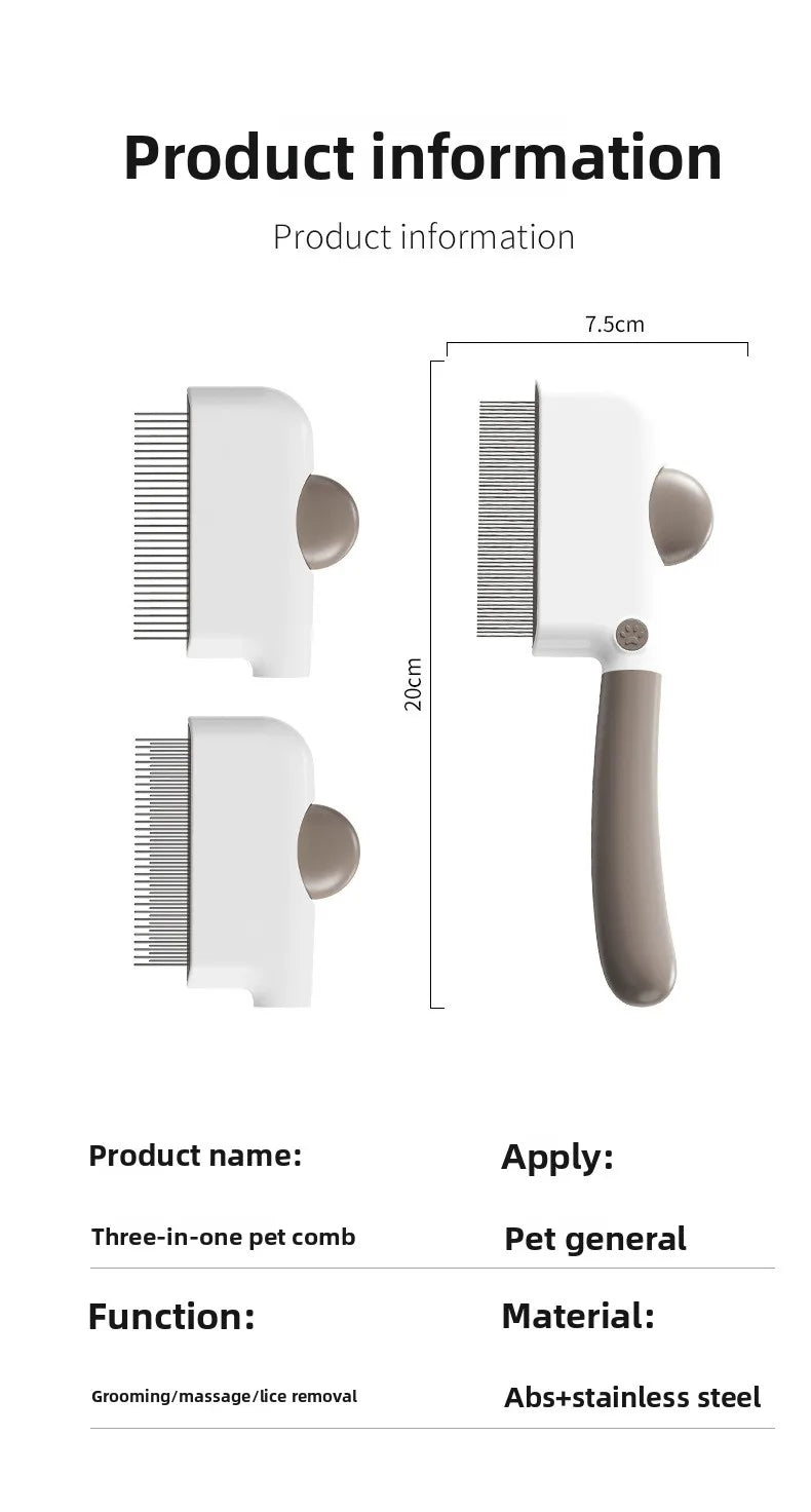 Peine 3 en 1 para Mascotas con Dientes Intercambiables Finos, Anchos y Largos para Gatos y Perros, Desenreda y Elimina el Pelo Suelto