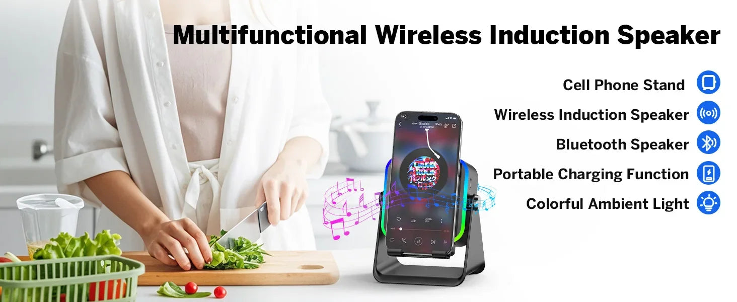 NUEVO Altavoz Inalámbrico de Inducción Automática 5 en 1 con 8 Modos de Luz RGB, Soporte para Teléfono, Sonido Envolvente, Soporte Portátil para Teléfono con Bluetooth