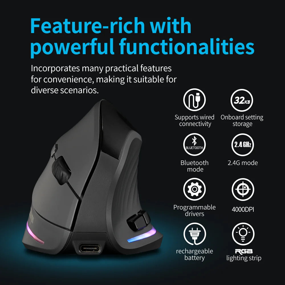 Ratón Inalámbrico Ergonómico Lefon 2.4G, Ratón Vertical Recargable para Juegos, para PC, Portátil, MacOS, Oficina, Modelo F35C/F35B/F35