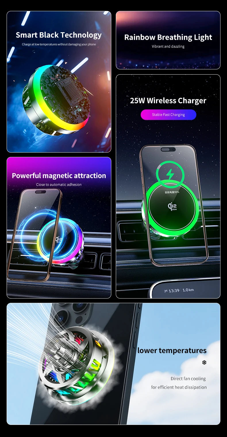 Cargador Inalámbrico Magnético Qi2.2 de 25W para Coche con Refrigeración por Aire, Estación de Carga Rápida, Soporte para Teléfono con Ventilación para iPhone 17-12 Pro Max