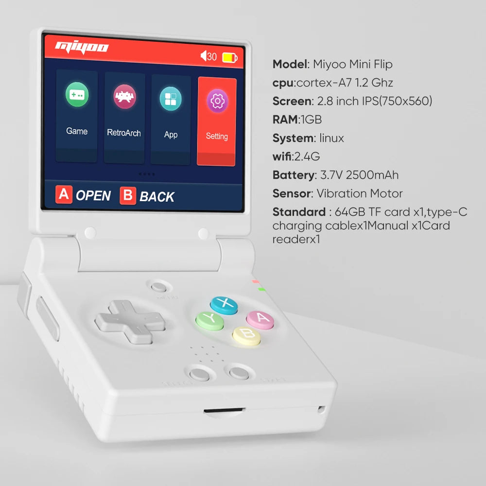 Consola de Juegos Retro MIYOO Mini Flip, Pantalla IPS 2.8 Pulgadas, Emulador Clásico
