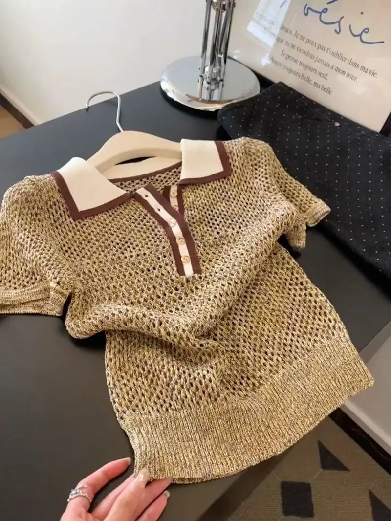 Camiseta de Punto Brillante Vintage con Cuello Polo