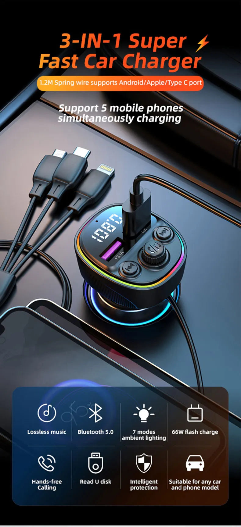 Transmisor FM Bluetooth 5.0 para Auto con Carga Rápida 66W