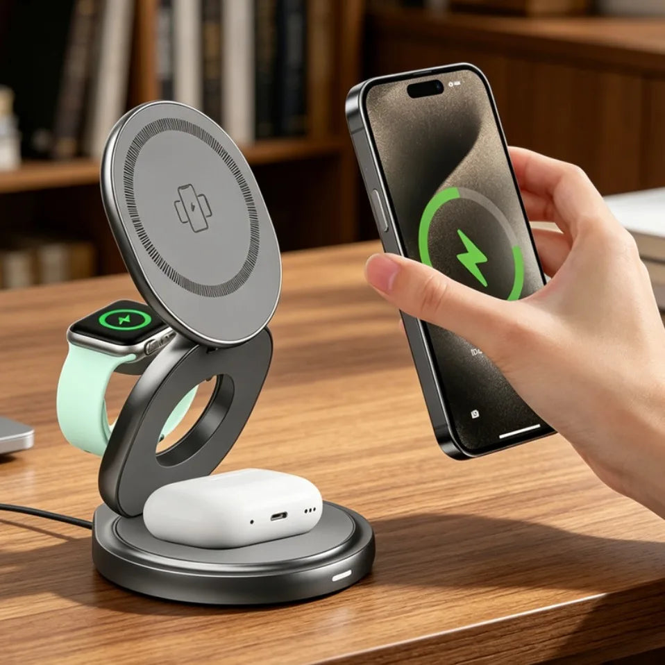 Cargador Inalámbrico Magnético de Aleación de Zinc para Magsafe iPhone 17~12 Pro Max, Apple Watch 11-2, Airpods Pro 4/3/2, Estación de Carga Rápida