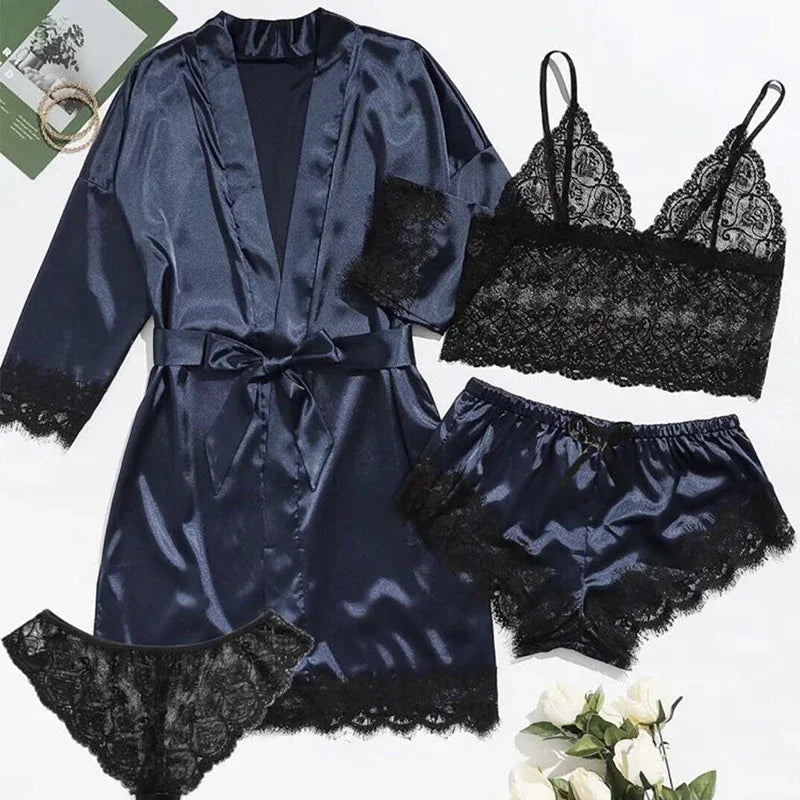 Conjunto de Pijama Sexy para Mujer 4 Piezas con Encaje