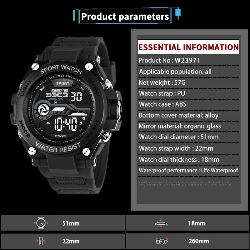 Reloj deportivo YIKAZE para hombre, relojes deportivos impermeables para hombre, reloj militar Digital LED multifunción, reloj despertador, reloj de pulsera electrónico