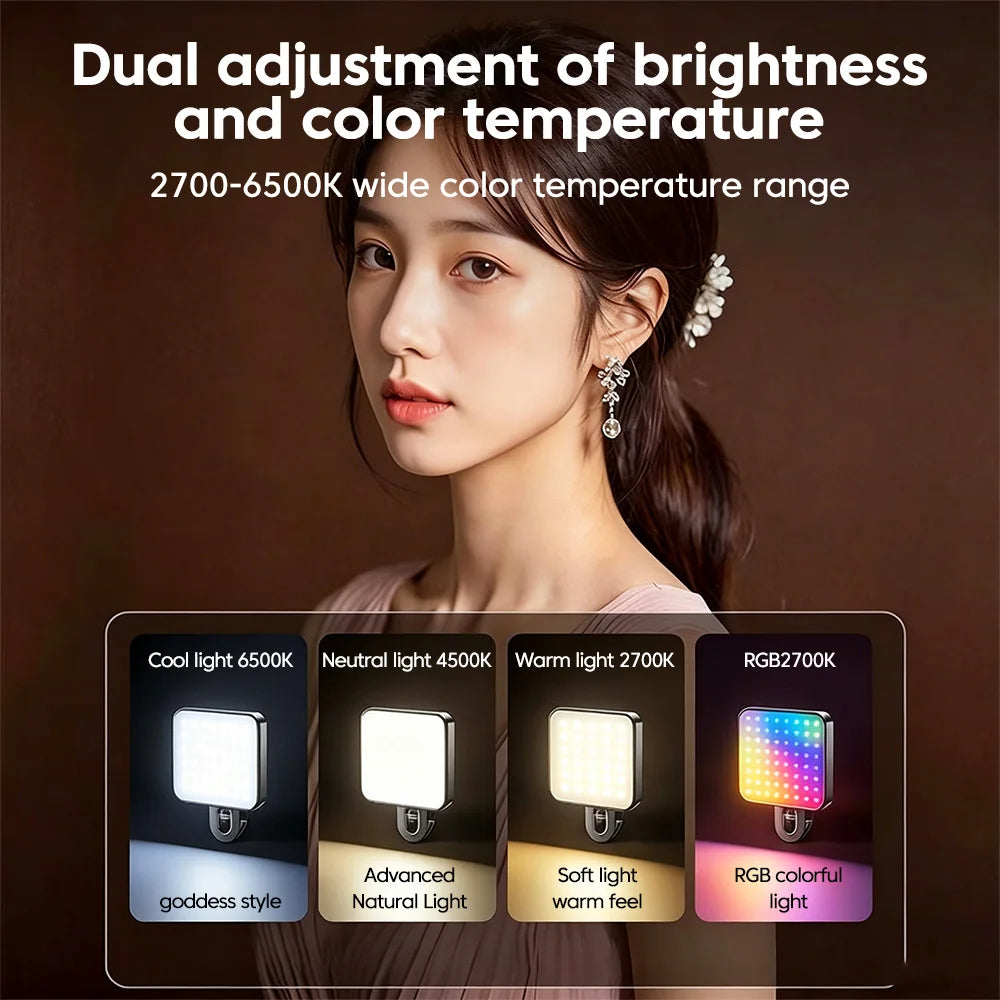 Mini Lámpara LED Portátil con Clip para Selfies, Recargable, 3 Modos, Brillo Ajustable, Apta para Teléfonos Móviles y Computadoras