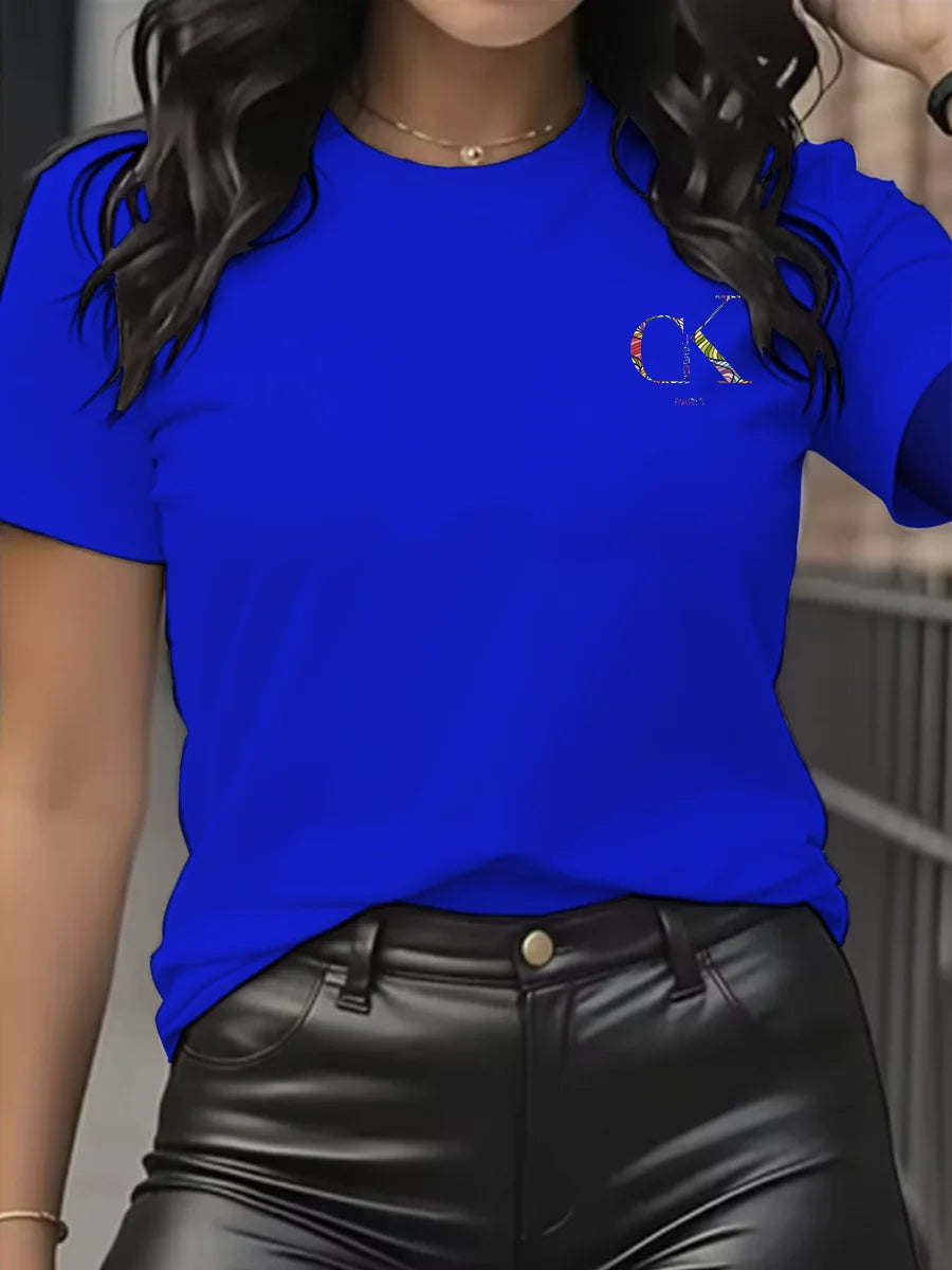 Camiseta con Estampado de Dibujos Animados y Letras Cuello Redondo