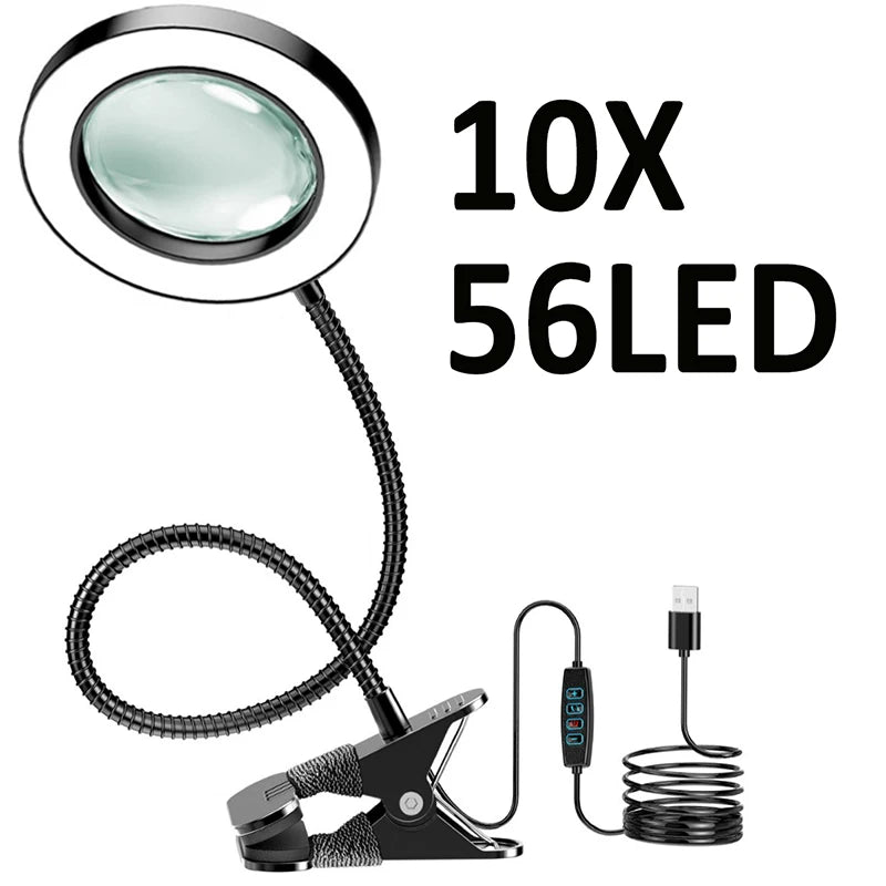 Lupa 5/10X con lámpara de lupa 28/56LED 3 modos de color 10 atenuador de brillo 360 °   Luces flexibles con cuello de cisne (sin adaptador)