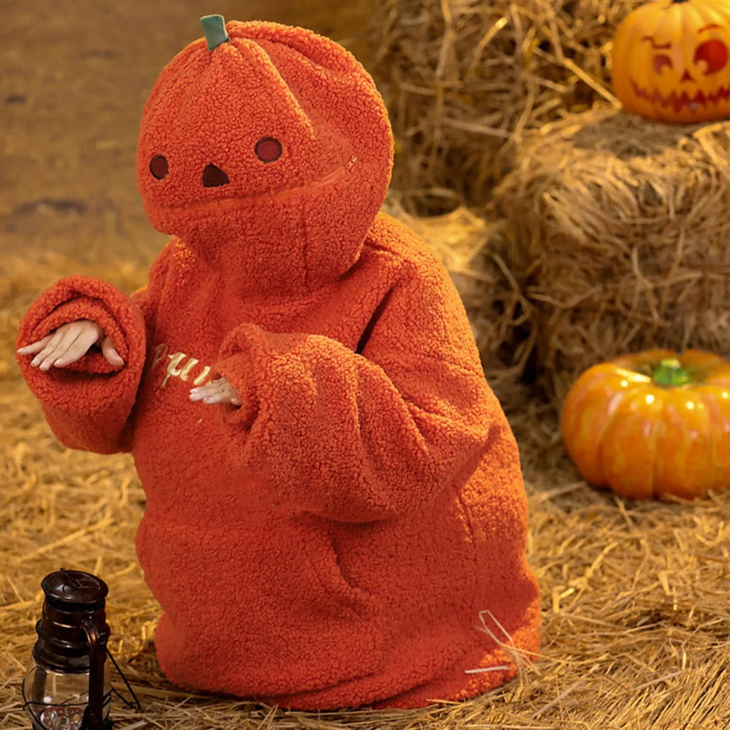 2025 otoño sudaderas con capucha de calabaza fiesta de Halloween cabeza de calabaza polar de cordero mujeres Sudadera con capucha bordado ropa de calle gruesa