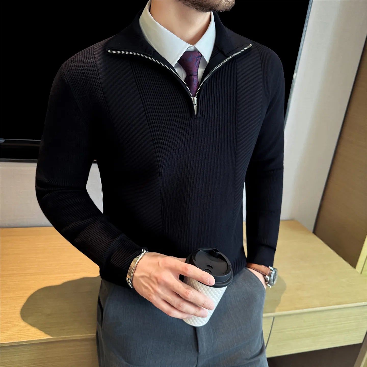 Suéter de Punto con Media Cremallera para Hombre - Cuello Semialto
