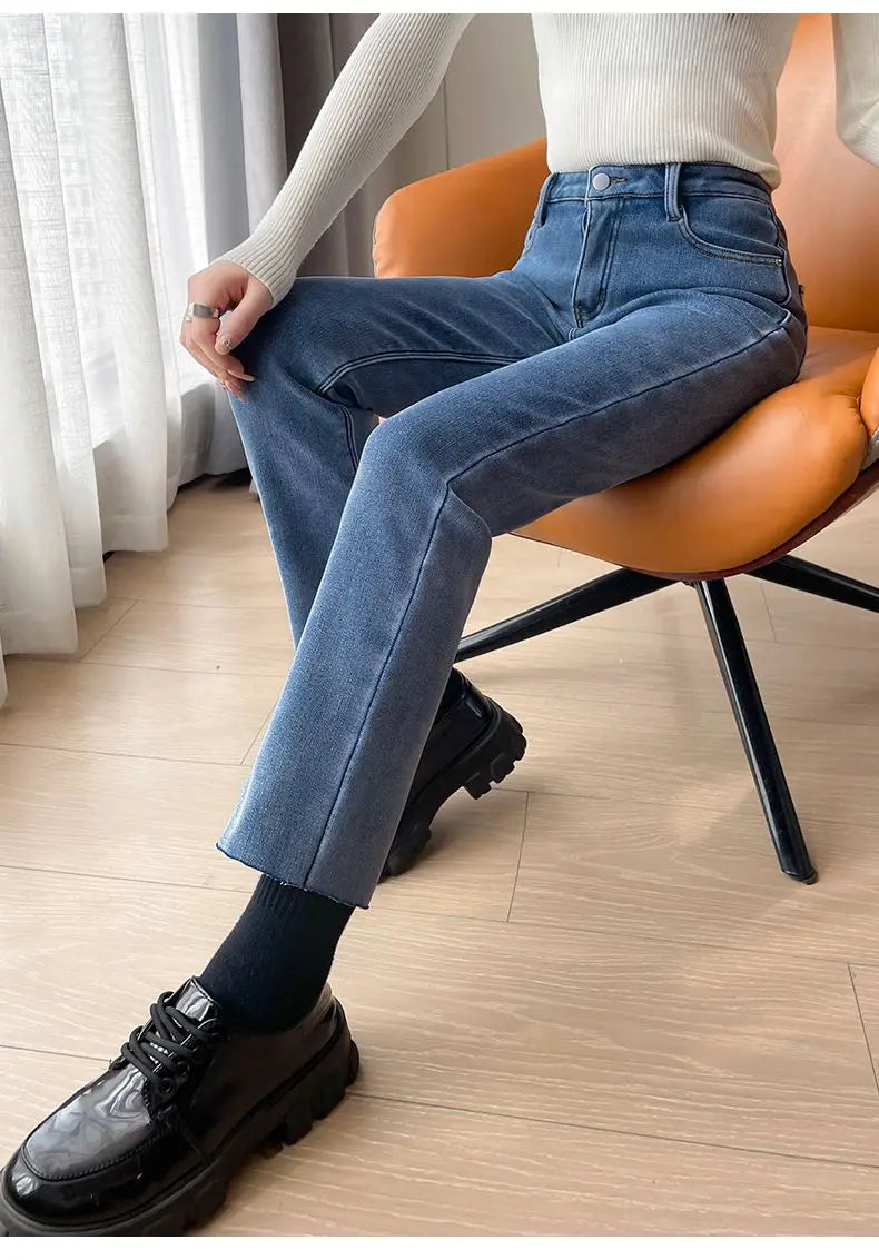 Pantalones Vaqueros Y2K con Forro Polar para Mujer, Cintura Alta, Pierna Recta
